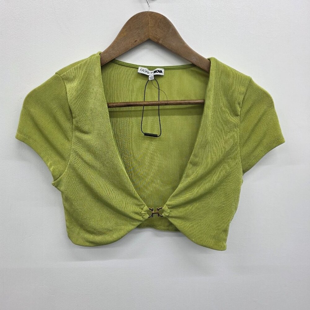 Fashion Nova Green Stretch Deep Plunge Shrug Cropped Bolero Top‎ S Y2K Vibe NWOT - Picture 4 of 13